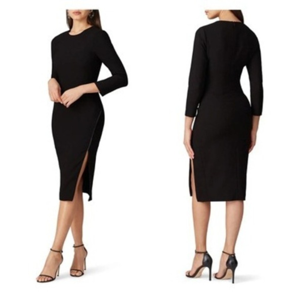 LIKELY Black‎ Nika Long Sleeve Sheath Midi Dress with Zipper-Trim Side Slit